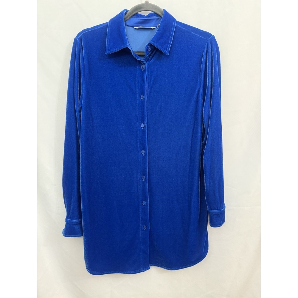 Soft Surroundings Blue Velvet Long Sleeve Button Top Shirt Womens Size XS Velour